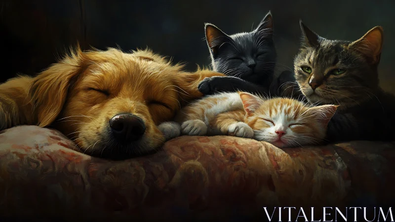 Peaceful Companions: Dog and Cats Resting Together.