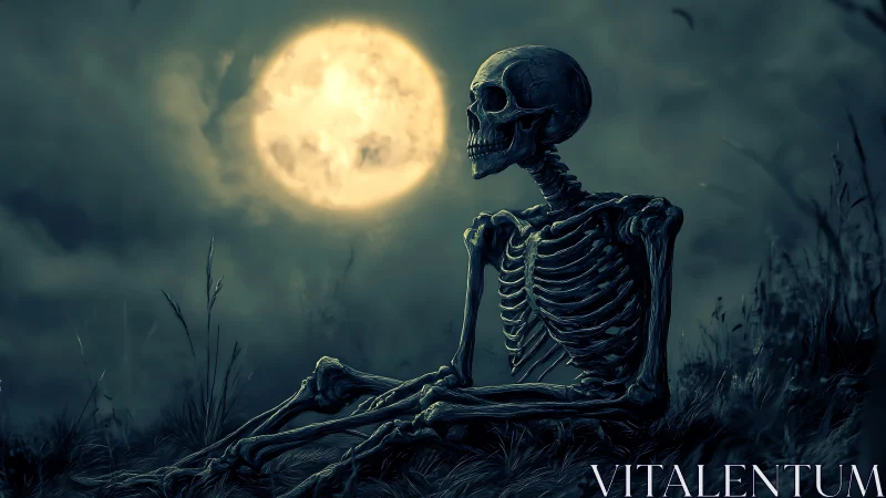 Skeleton watches full moon under stormy night sky.