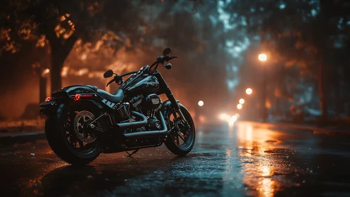 Black motorcycle on wet city street at dusk in rain.