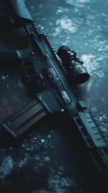 Tactical Rifle with Mounted Scope and Rifle Accessories.