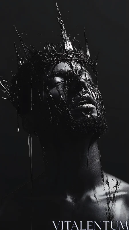 High-contrast monochrome portrait crowns head in viscous black fluid