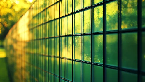 Sunlit Glass Block Wall in Soft Focus, Modern Architectural Style.