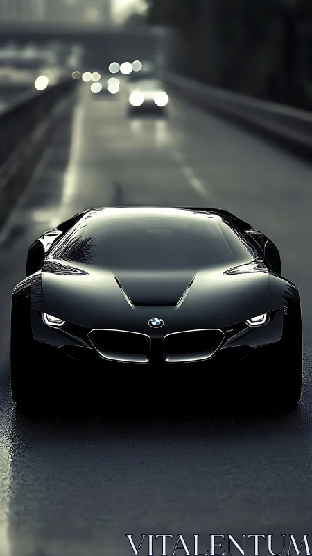 Sleek black BMW concept car glides confidently along wet road