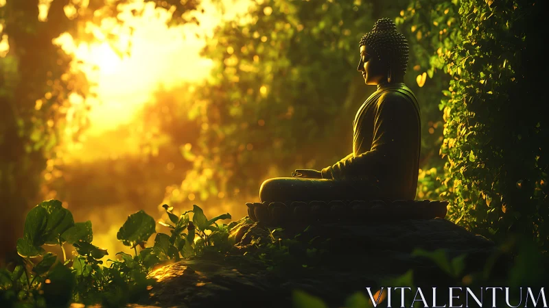 Serene Buddha statue in lush forest with radiant sunset glow.