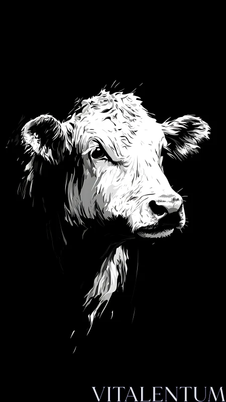 Cow head rendered in high contrast monochrome vector illustration.