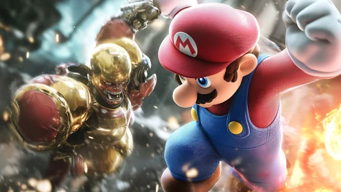 Heroic plumber charges forward in a blazing showdown.