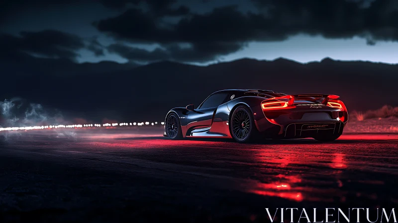 Midnight supercar accelerates along neon lit desert highway