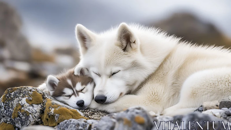 Mother husky and puppy rest peacefully on rocky ground.