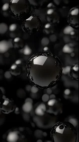 Glimmering black spheres drifting through gentle darkness.
