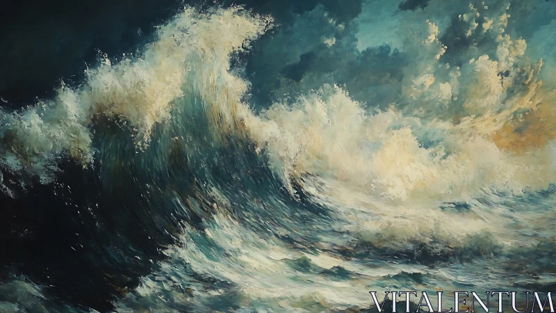 Storm-tossed ocean waves crash under dramatic teal skies