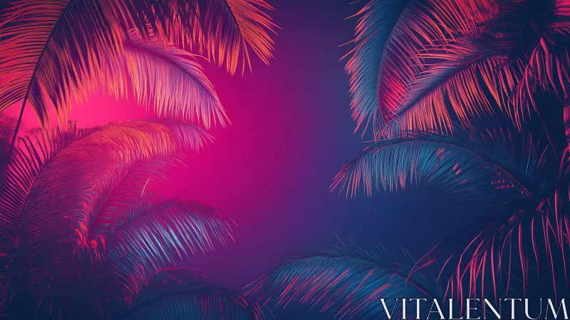Neon palm leaves frame a vivid magenta and blue gradient sky