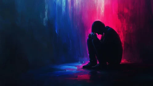 Silhouetted soul curled beneath neon storm of sorrow.