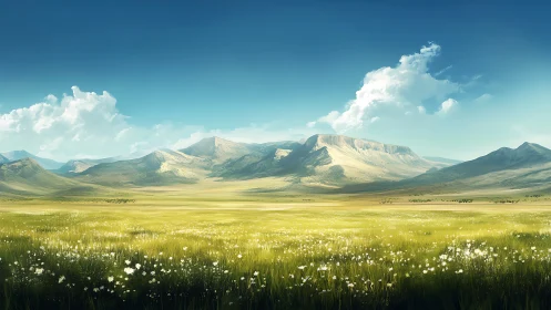 Mountain plateau and wildflower meadow under clear sky.