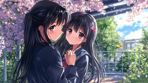 Two shy friends sharing a spring moment under blossoms.