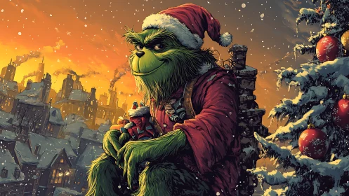 Digital painting of green Christmas trickster on snowy rooftop.