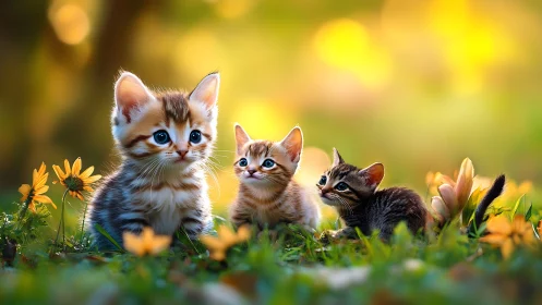 Three Kittens in Meadow with Golden Wildflowers.