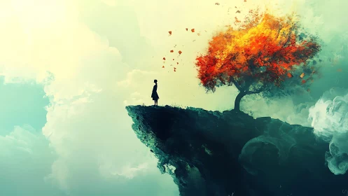 Surreal digital painting of lone figure on cliff and burning tree.