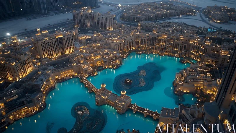 Evening aerial view of illuminated waterfront urban complex.