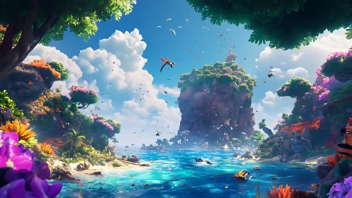 Floating Paradise: Radiant Archipelago Blooms Beneath Crystalline Skies.