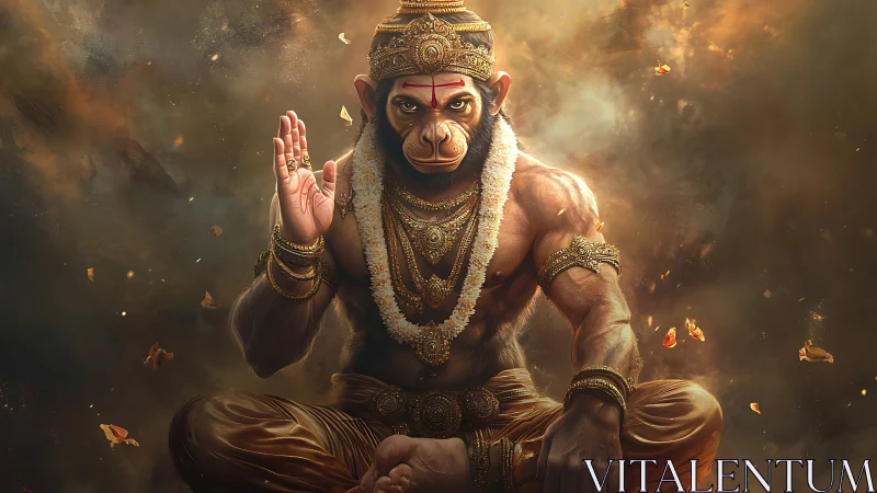 Hanuman-inspired humanoid figure sits in blessing posture