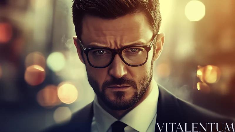 Bearded man in glasses against blurred urban night scene.