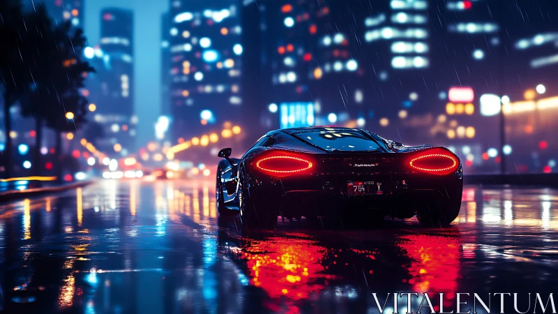 Futuristic sports car is positioned on a wet urban street
