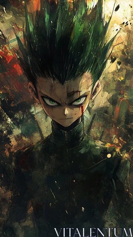 Intense anime protagonist under painterly explosive light burst