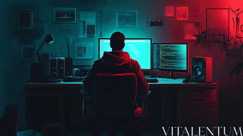 Programmer sits at triple-monitor desk in neon-lit room