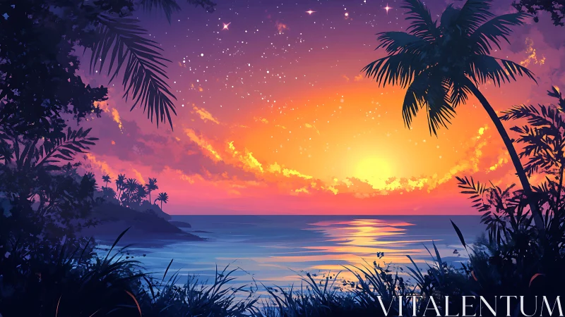 Tropical sunset illuminates tranquil ocean horizon with palms