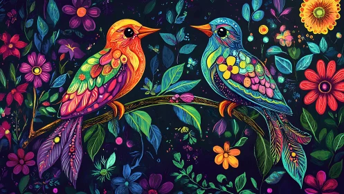 Two Vibrant Birds on Floral Branch in Colorful Folk Art Style.