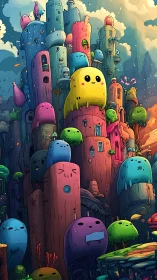 Stacked colorful blob towers form dense fantasy skyline