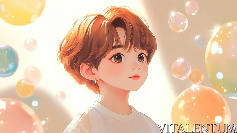 Softly lit anime child portrait amid iridescent floating bubbles.