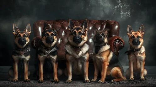 German shepherd lineup before vintage leather armchair.