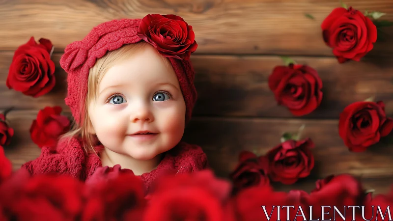 Precious Baby Surrounded by Crimson Roses.