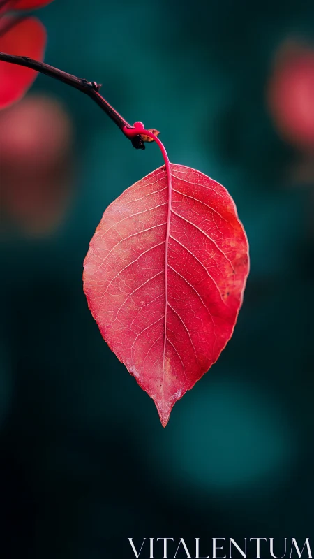 Solitary red leaf suspended against dark teal background.