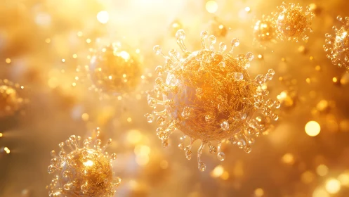 Golden virus particles in sunlight, macro digital art visualization.
