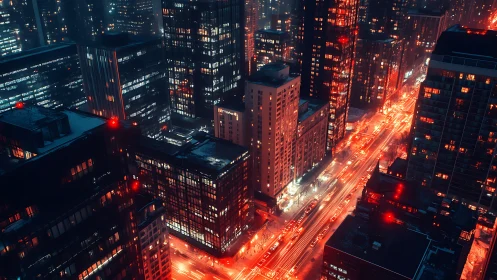 Neon-lit urban canyon captures cinematic nocturnal city traffic