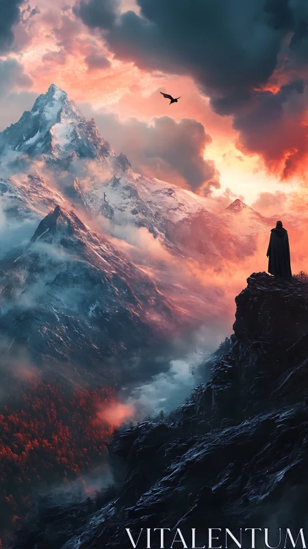 Cloaked figure on cliff facing fiery clouded peak landscape.