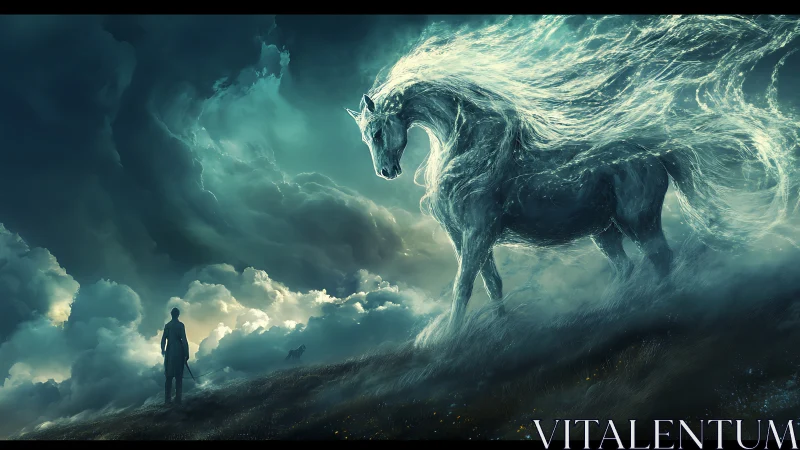 Stormlit phantom stallion pauses before the wandering hunter