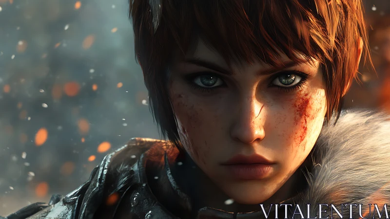 Battle-hardened warrior girl in burning snowstorm closeup.