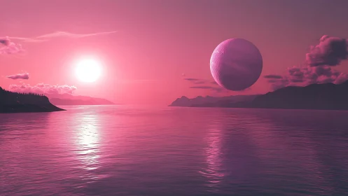 Monochrome magenta alien seascape with levitating cratered moon