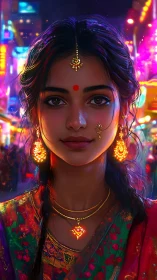 Midnight city lights crown a jewel-toned festival portrait