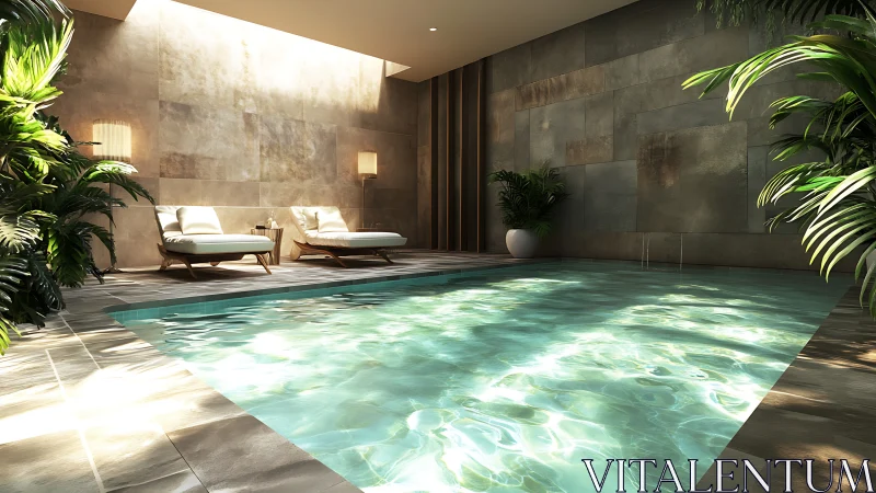 Sunlit indoor oasis pool with lush palms and quiet loungers.