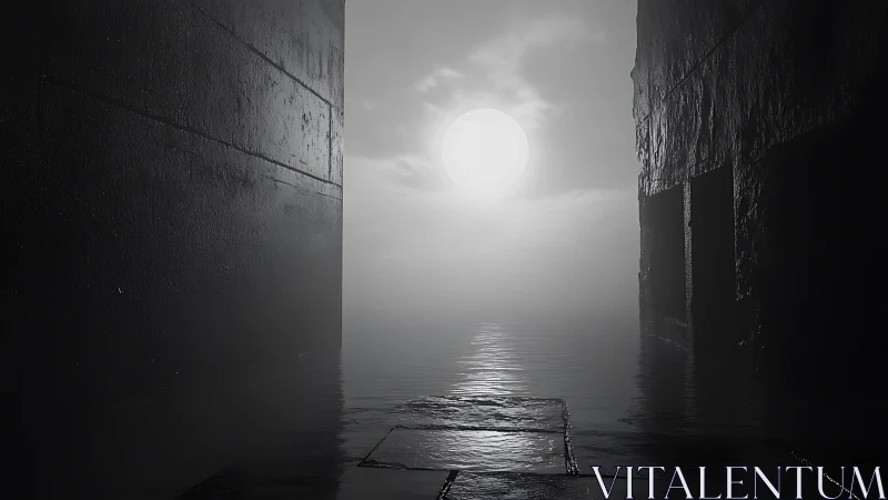 Monolithic corridor frames misty sunlit flooded horizon.