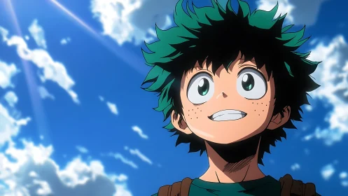 Optimistic green-haired youth under radiant anime sky.