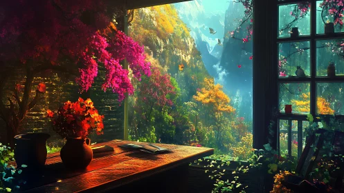 Sunlit writing nook opens onto a dreamy enchanted valley view