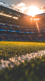 Glowing soccer pitch edge under dramatic sunset light.
