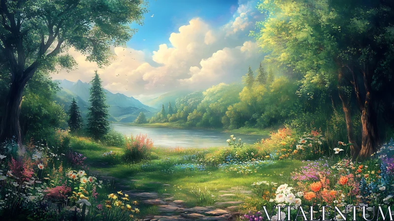 Sunlit wildflower valley opens onto a tranquil mountain lake