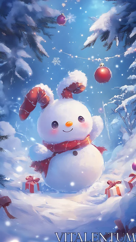 Snowman with bunny ears stands in decorated winter forest