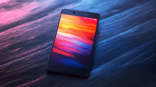Modern smartphone on textured surface with vibrant digital display.
